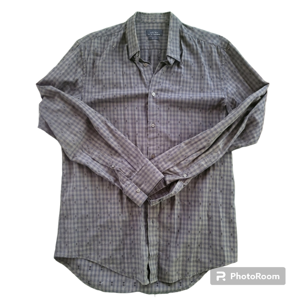 Zara Slim Fit Blue Grey Checkered Button Down Shirt Size Large